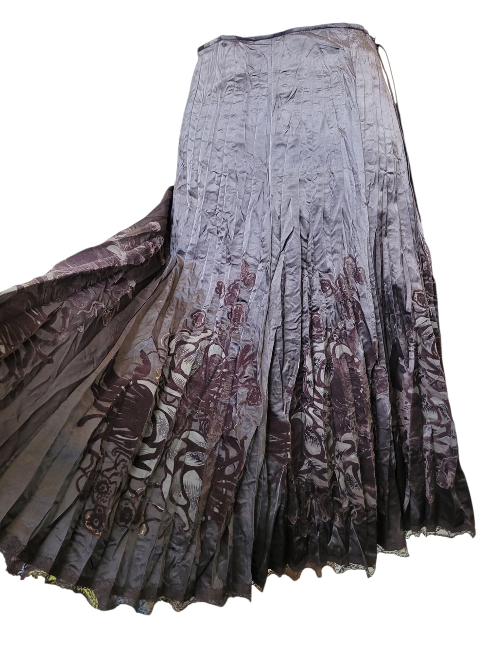 Vintage Low Rise LINEA DOMANI Whimsigoth Pleated Satin Midi Skirt Brown 12